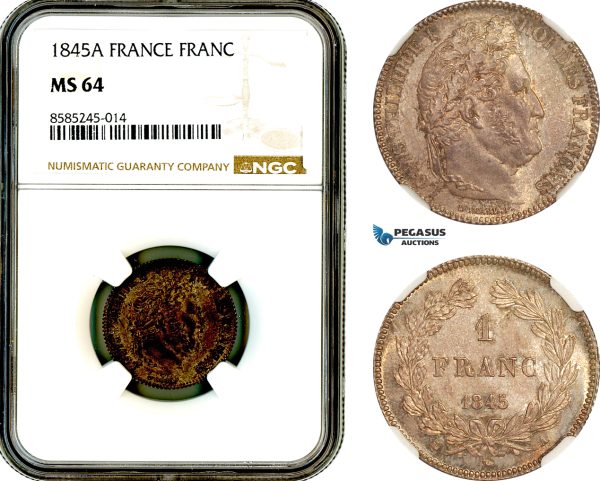 AL446, France, Louis Philippe I, 1 Franc 1845 A, Paris Mint, Silver, NGC MS64, Top Pop and single finest graded!