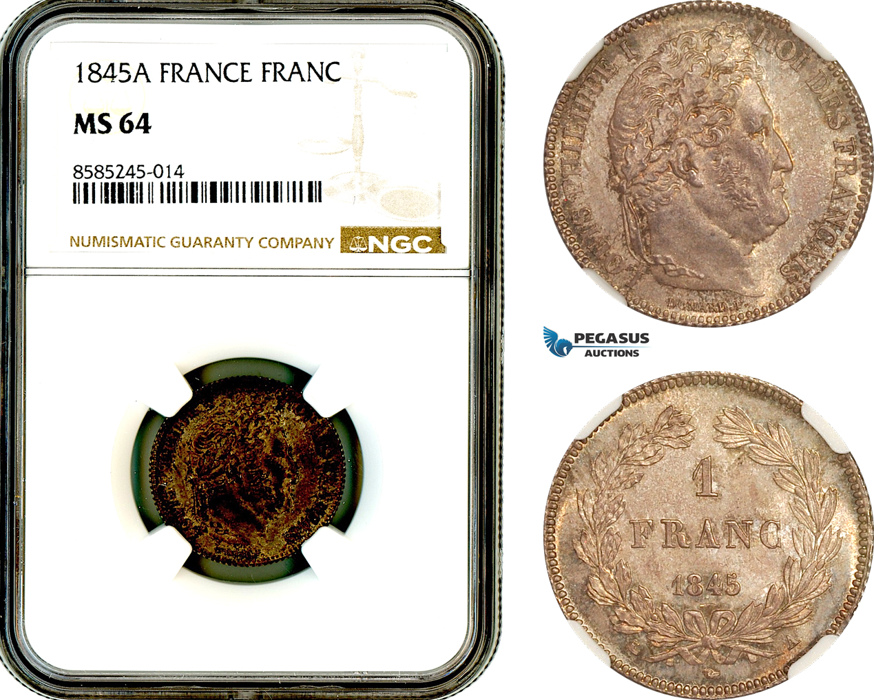 AL446, France, Louis Philippe I, 1 Franc 1845 A, Paris Mint, Silver, NGC MS64, Top Pop and single finest graded!