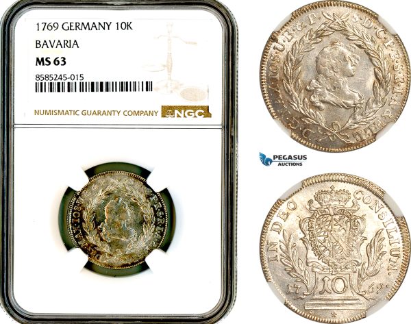 AL447, Germany, Bavaria, Maximilian III Joseph, 10 Kreuzer 1769, Munich Mint, Silver, NGC MS63