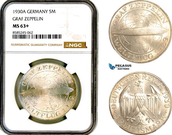 AL448, Germany, Weimar Republic, 5 Reichsmark 1930 A, Berlin Mint, Silver, "Graf Zeppelin", NGC MS63+