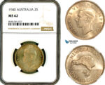 AL451, New Zealand, George VI, 1 Florin - 2 Shillings 1940, London Mint, Silver, NGC MS62, Slab error as Australia