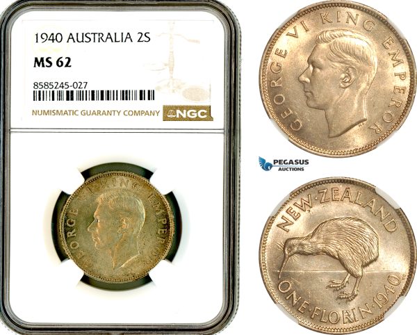 AL451, New Zealand, George VI, 1 Florin - 2 Shillings 1940, London Mint, Silver, NGC MS62, Slab error as Australia