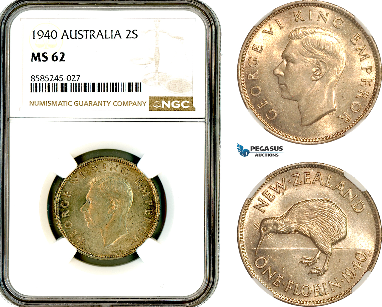 AL451, New Zealand, George VI, 1 Florin - 2 Shillings 1940, London Mint, Silver, NGC MS62, Slab error as Australia