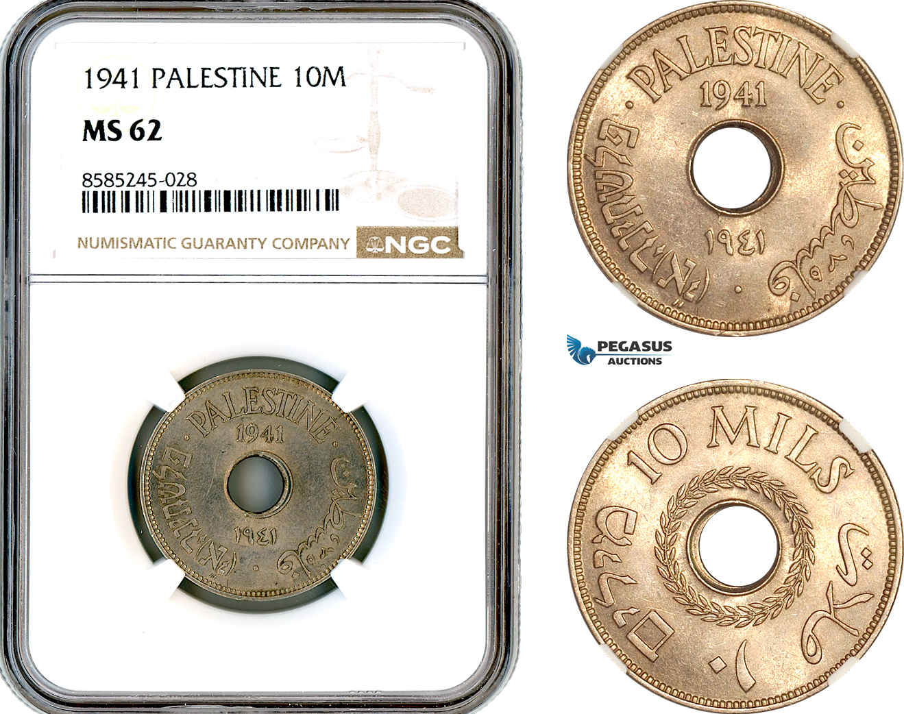 AL452, Palestine, 10 Mils 1941, London Mint, NGC MS62