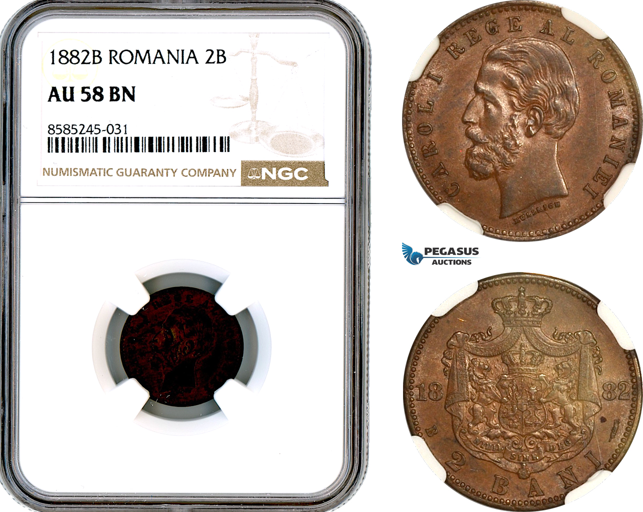AL453, Romania, Carol I, 2 Bani 1882 B, Bucharest Mint, NGC AU58BN