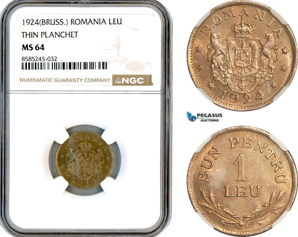 AL454, Romania, Ferdinand, 1 Leu 1924, Brussels Mint, Thin Planchet, NGC MS64