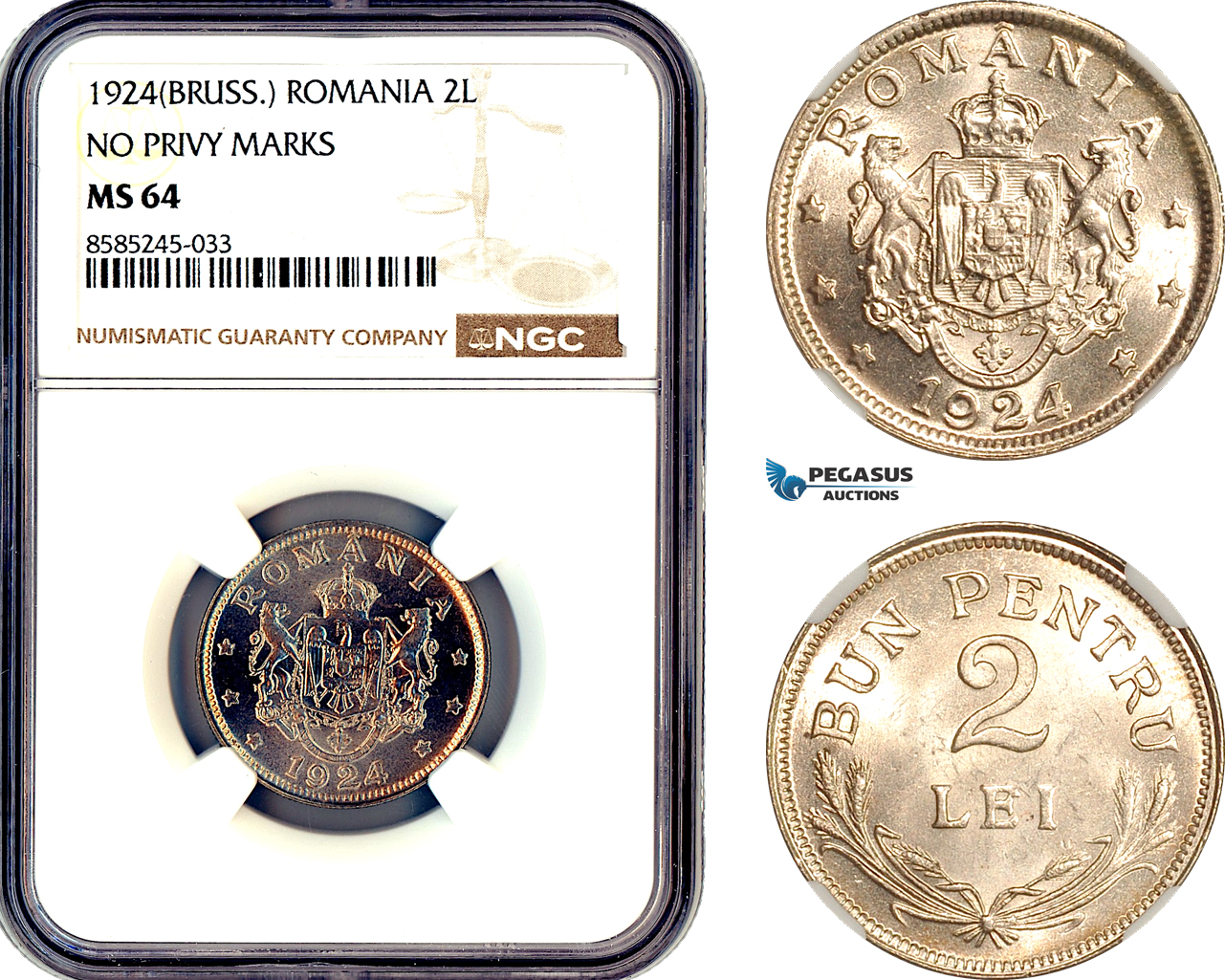AL455, Romania, Ferdinand, 2 Lei 1924, Brussels Mint, NGC MS64