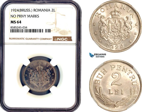 AL456, Romania, Ferdinand, 2 Lei 1924, Brussels Mint, NGC MS64
