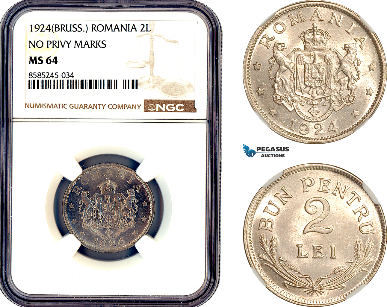 AL456, Romania, Ferdinand, 2 Lei 1924, Brussels Mint, NGC MS64