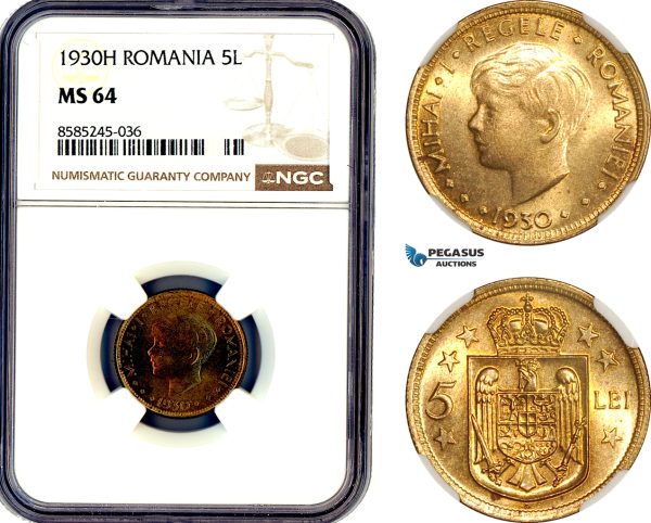 AL457, Romania, Mihai I, 5 Lei 1930 H, Heaton Mint, NGC MS64