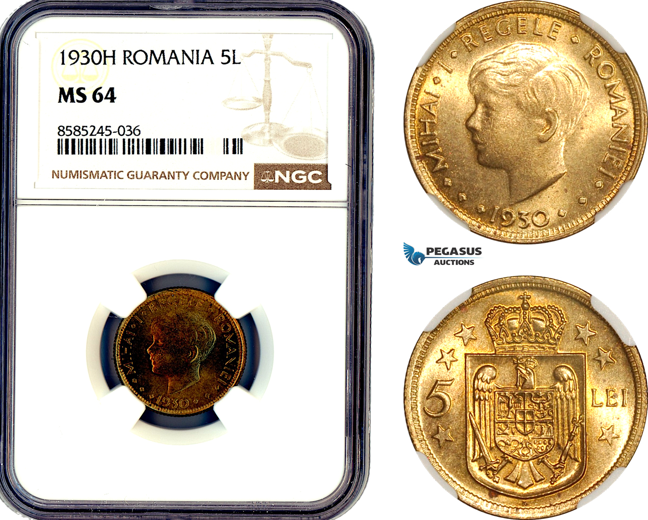 AL457, Romania, Mihai I, 5 Lei 1930 H, Heaton Mint, NGC MS64