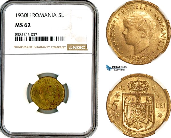 AL458, Romania, Mihai I, 5 Lei 1930 KN, Kings Norton Mint, NGC MS62 (Slab error as H)