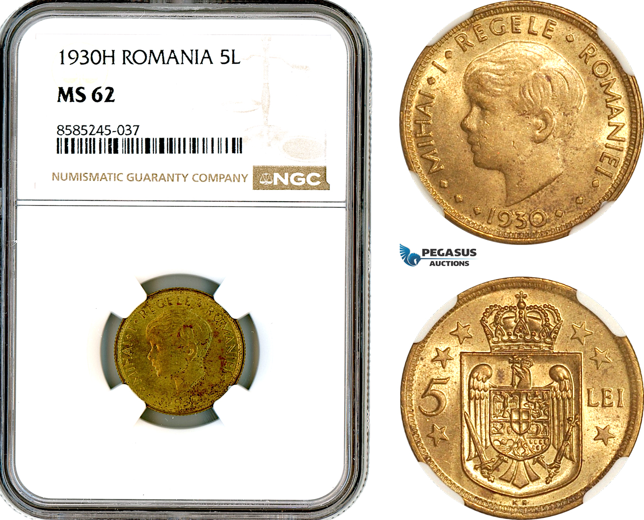 AL458, Romania, Mihai I, 5 Lei 1930 KN, Kings Norton Mint, NGC MS62 (Slab error as H)