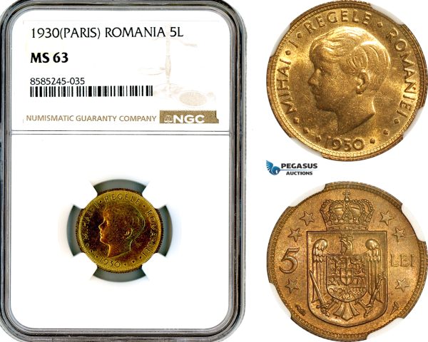 AL459, Romania, Mihai I, 5 Lei 1930, Paris Mint, NGC MS63