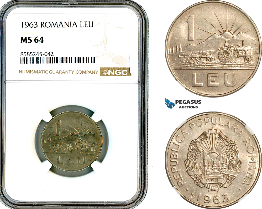 AL464, Romania, People's Republic, 1 Leu 1963, Bucharest Mint, NGC MS64