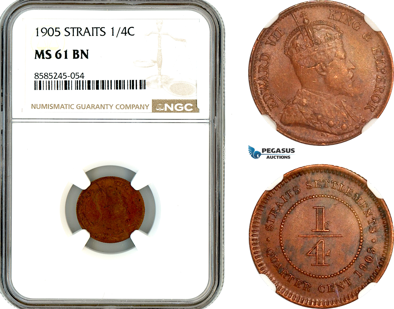 AL466, Straits Settlements, Edward VII, 1/4 Cent 1905, Calcutta Mint, NGC MS61BN