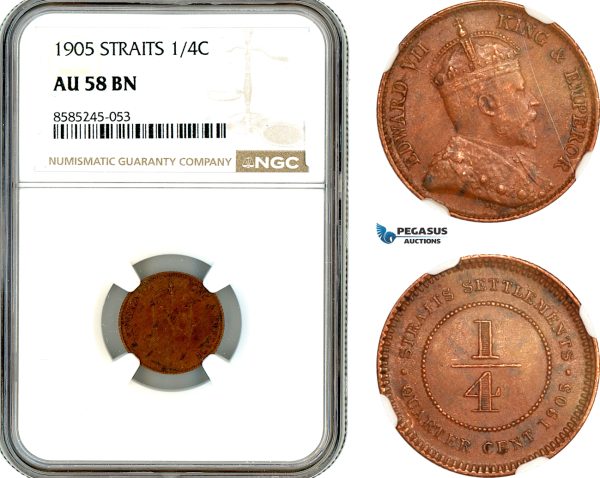 AL467, Straits Settlements, Edward VII, 1/4 Cent 1905, Calcutta Mint, NGC AU58BN