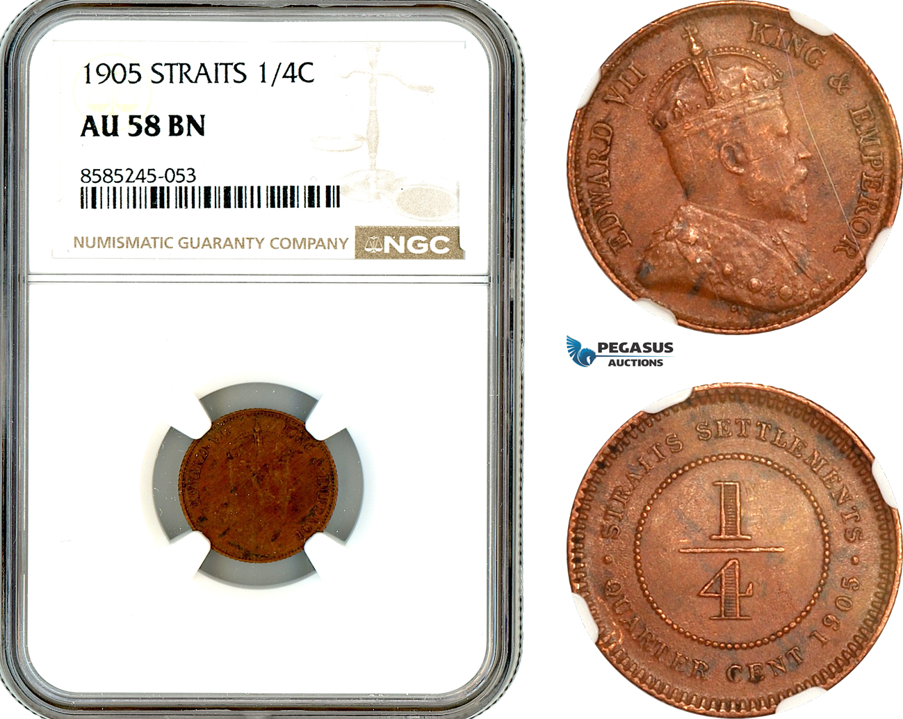 AL467, Straits Settlements, Edward VII, 1/4 Cent 1905, Calcutta Mint, NGC AU58BN