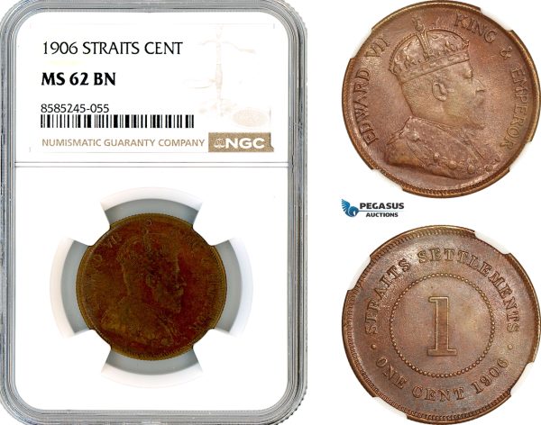 AL468, Straits Settlements, Edward VII, 1 Cent 1906, Calcutta Mint, NGC MS62BN, Rare!