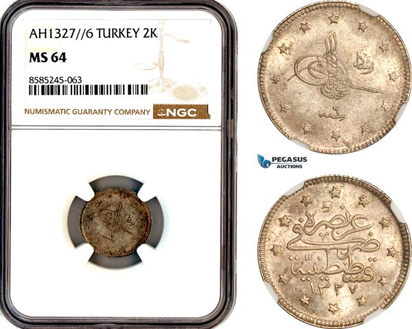 AL469, Turkey, Ottoman Empire, Mehmed Reshad V, 2 Kurush AH1327//6, Konstantiniye Mint, Silver, NGC MS64