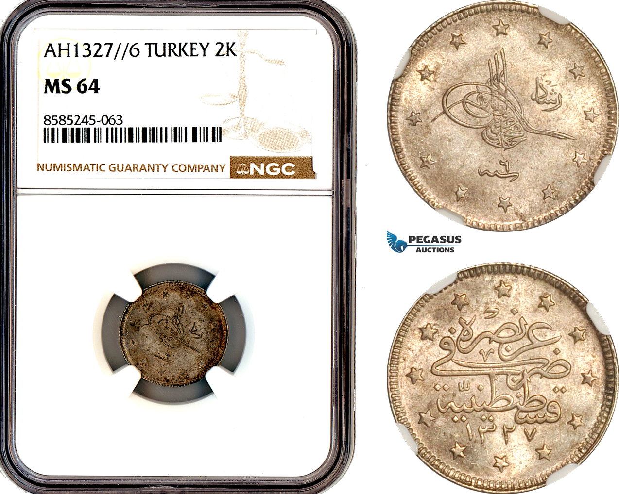 AL469, Turkey, Ottoman Empire, Mehmed Reshad V, 2 Kurush AH1327//6, Konstantiniye Mint, Silver, NGC MS64