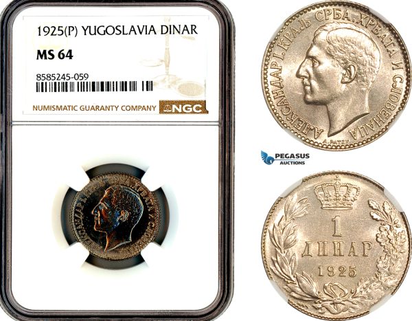 AL470, Yugoslavia, Alexander I, 1 Dinar 1925 P, Poissy Mint, NGC MS64