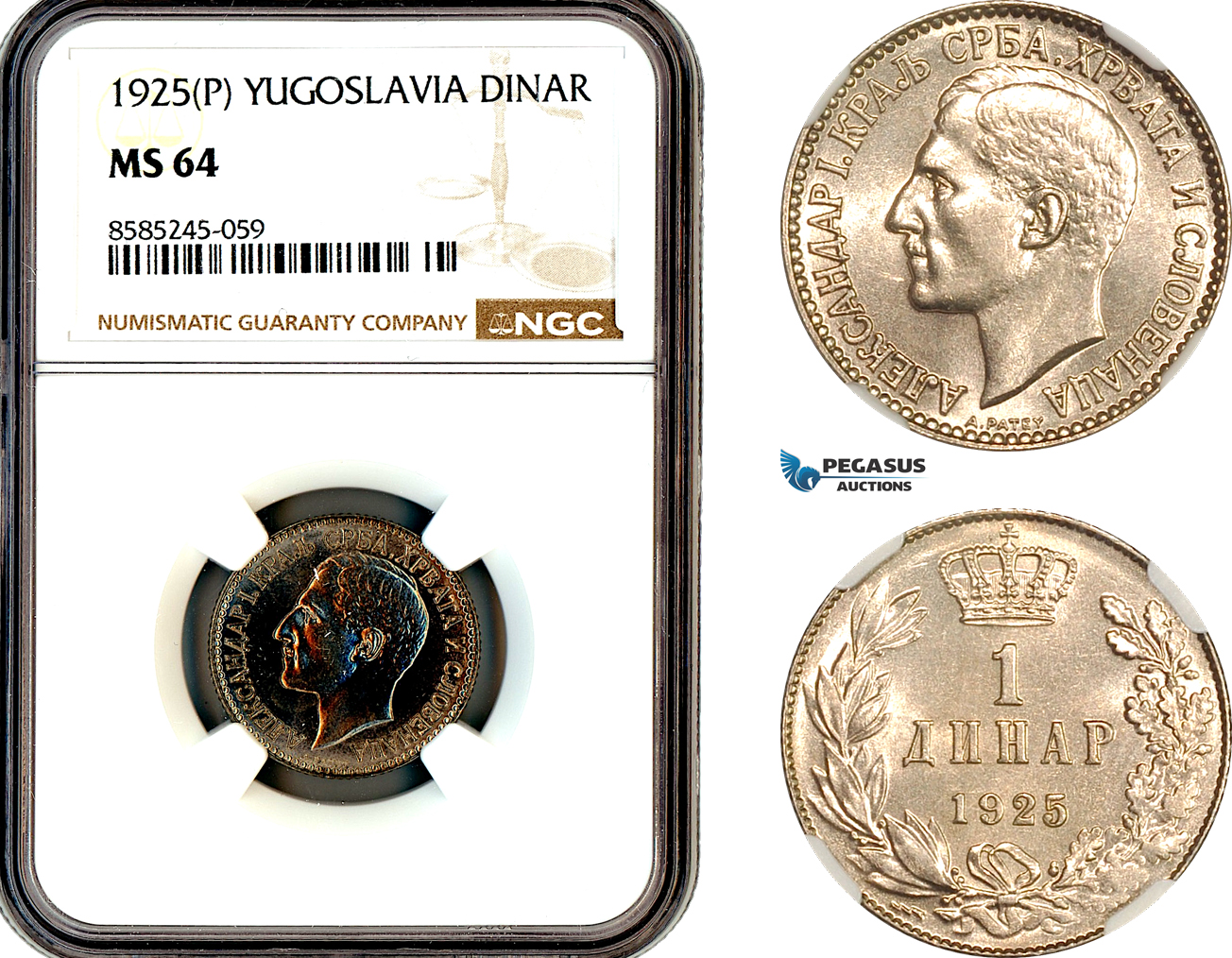 AL470, Yugoslavia, Alexander I, 1 Dinar 1925 P, Poissy Mint, NGC MS64