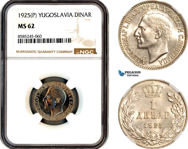 AL471, Yugoslavia, Alexander I, 1 Dinar 1925 P, Poissy Mint, NGC MS62