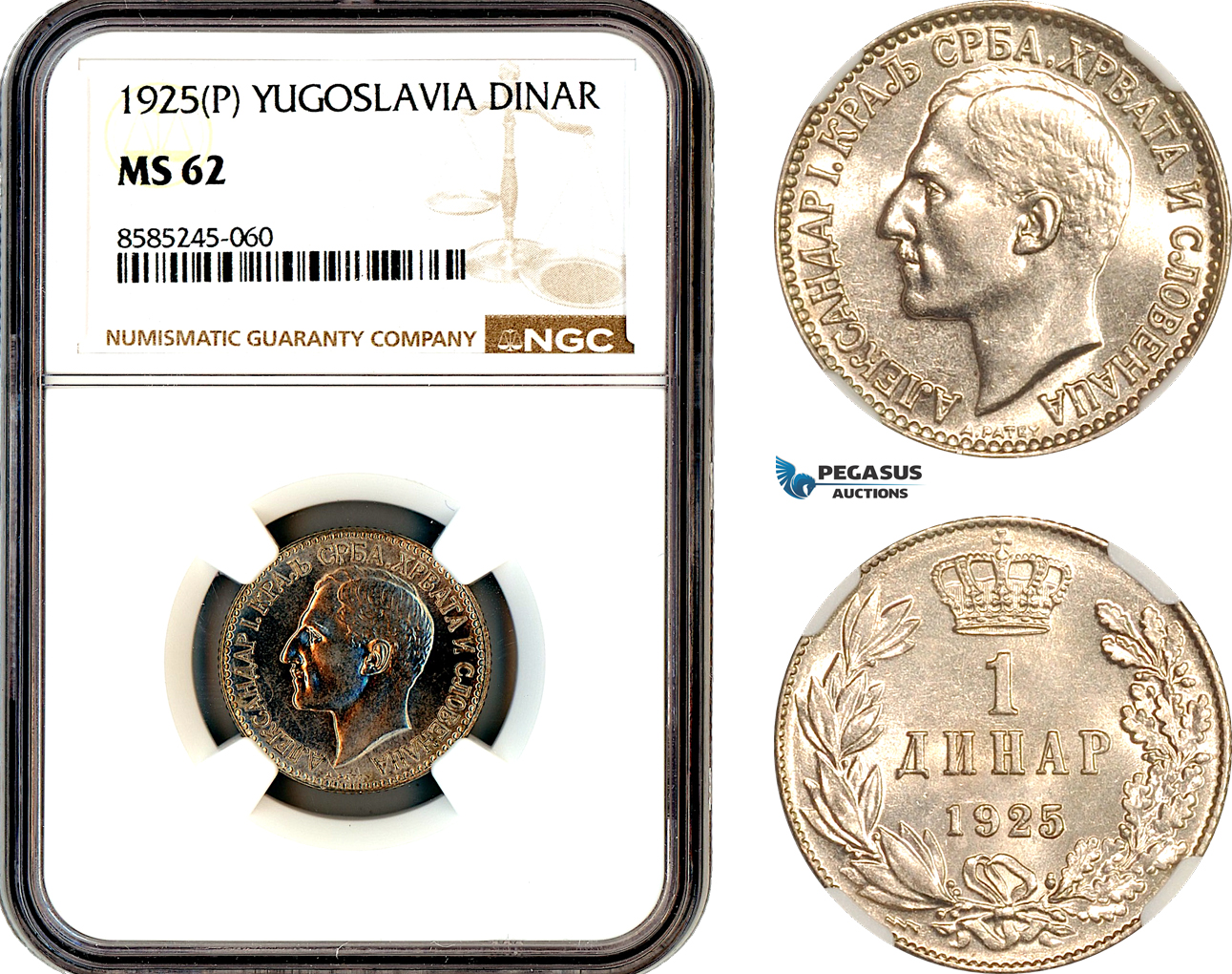 AL471, Yugoslavia, Alexander I, 1 Dinar 1925 P, Poissy Mint, NGC MS62