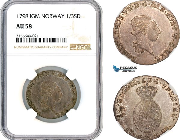 AL475, Norway, Christian VII, 1/3 Speciedaler 1798 IGM, Kongsberg Mint, Silver, NGC AU58