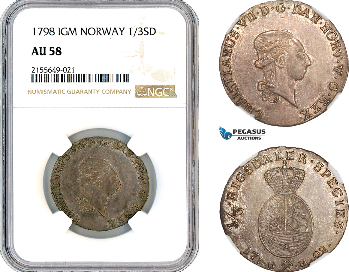 AL475, Norway, Christian VII, 1/3 Speciedaler 1798 IGM, Kongsberg Mint, Silver, NGC AU58