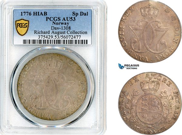 AL476, Norway, Christian VII, 1 Speciedaler 1776 HIAB, Copenhagen Mint, DAV-1308, Silver, PCGS AU53