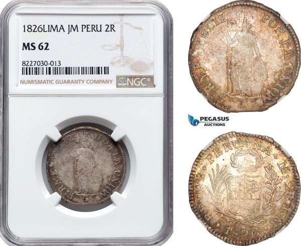 AL477, Peru, 2 Reales 1826 JM, Lima Mint, Silver, NGC MS62