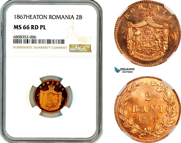 AL478, Romania, Carol I, 2 Bani 1867, Heaton Mint, NGC MS66RD PL, Top Pop!