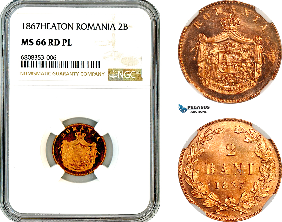 AL478, Romania, Carol I, 2 Bani 1867, Heaton Mint, NGC MS66RD PL, Top Pop!