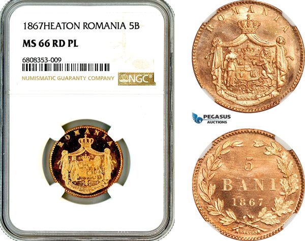 AL479, Romania, Carol I, 5 Bani 1867, Heaton Mint, NGC MS66RD PL