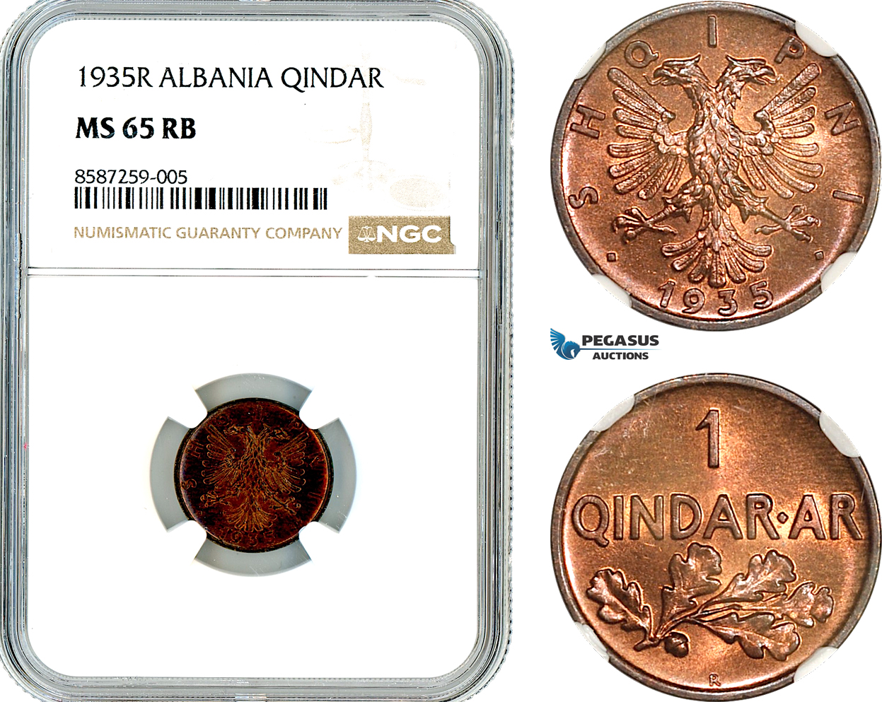 AL481, Albania, Zog I, 1 Qindar Ar 1935 R, Rome Mint, NGC MS65RB