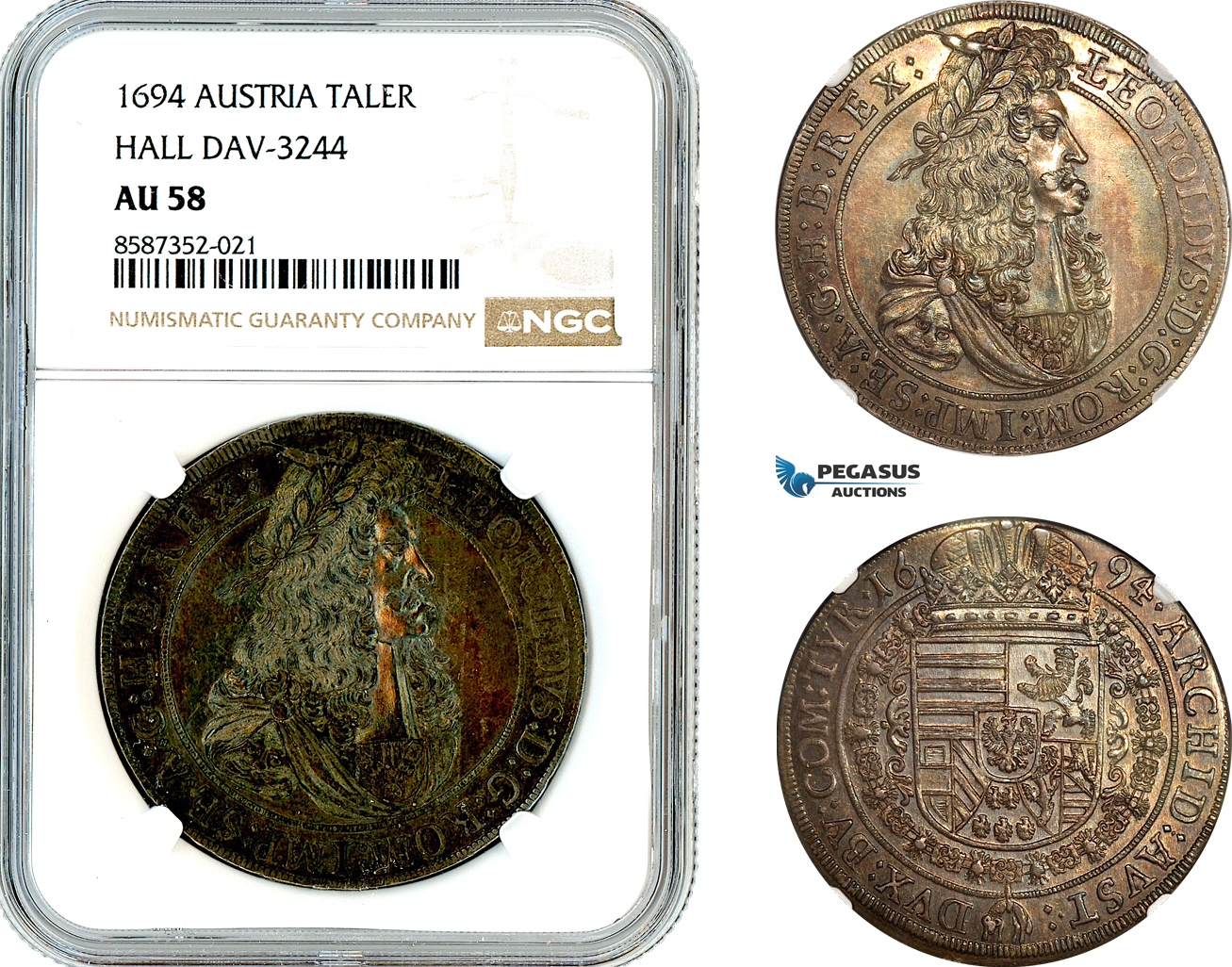 AL482, Austria, Leopold I, Taler 1694, Hall Mint, Dav-3244, “Lions shoulder” Silver, NGC AU58, Rare!