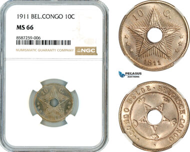 AL483, Belgian Congo, Albert I, 10 Centimes 1911, NGC MS66