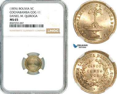 AL484, Bolivia, Cochabamba, 5 Centavos 1876, Coc-11, , Daniel M. Quiroga, NGC MS65