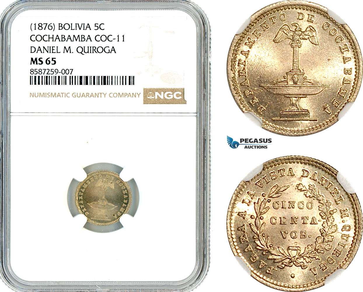AL484, Bolivia, Cochabamba, 5 Centavos 1876, Coc-11, , Daniel M. Quiroga, NGC MS65