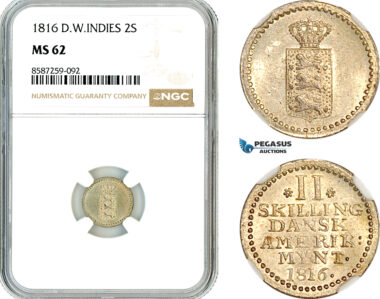 AL490, Danish West Indies, Frederick VI, 2 Skilling 1816, Silver, NGC MS62