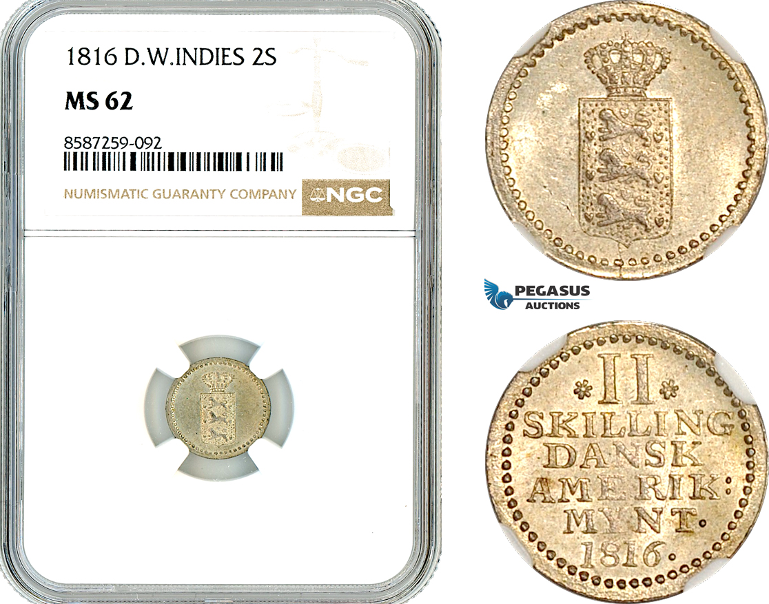 AL490, Danish West Indies, Frederick VI, 2 Skilling 1816, Silver, NGC MS62