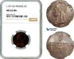 AL491, France, First Republic, 5 Centimes L'An 4 A (1795), Paris Mint, NGC MS63BN