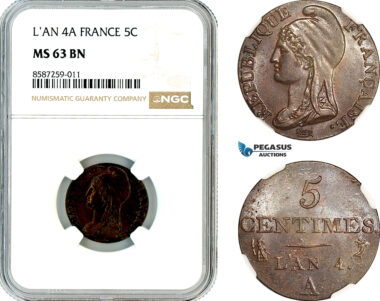AL491, France, First Republic, 5 Centimes L'An 4 A (1795), Paris Mint, NGC MS63BN