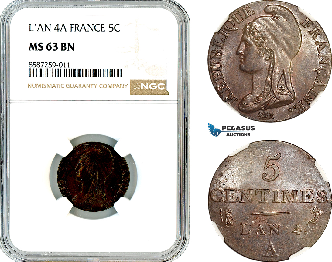 AL491, France, First Republic, 5 Centimes L'An 4 A (1795), Paris Mint, NGC MS63BN