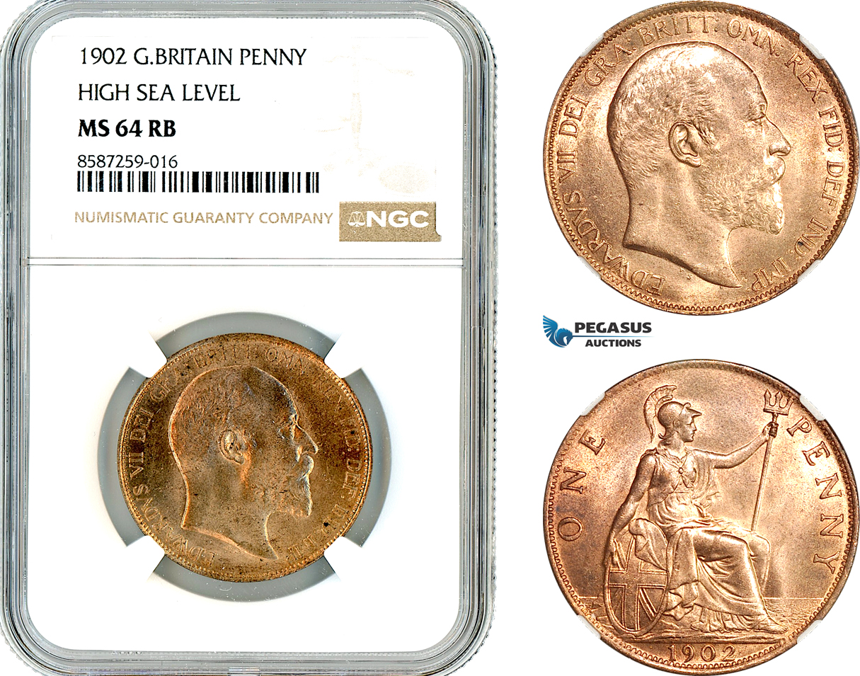 AL493, Great Britain, Edward VII, 1 Penny 1902, London Mint, High Sea Level, NGC MS64RB