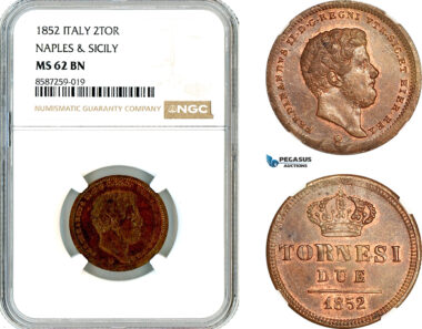 AL496, Italy, Naples & Sicily, Ferdinand II, 2 Tornesi 1852, Naples Mint, NGC MS62BN