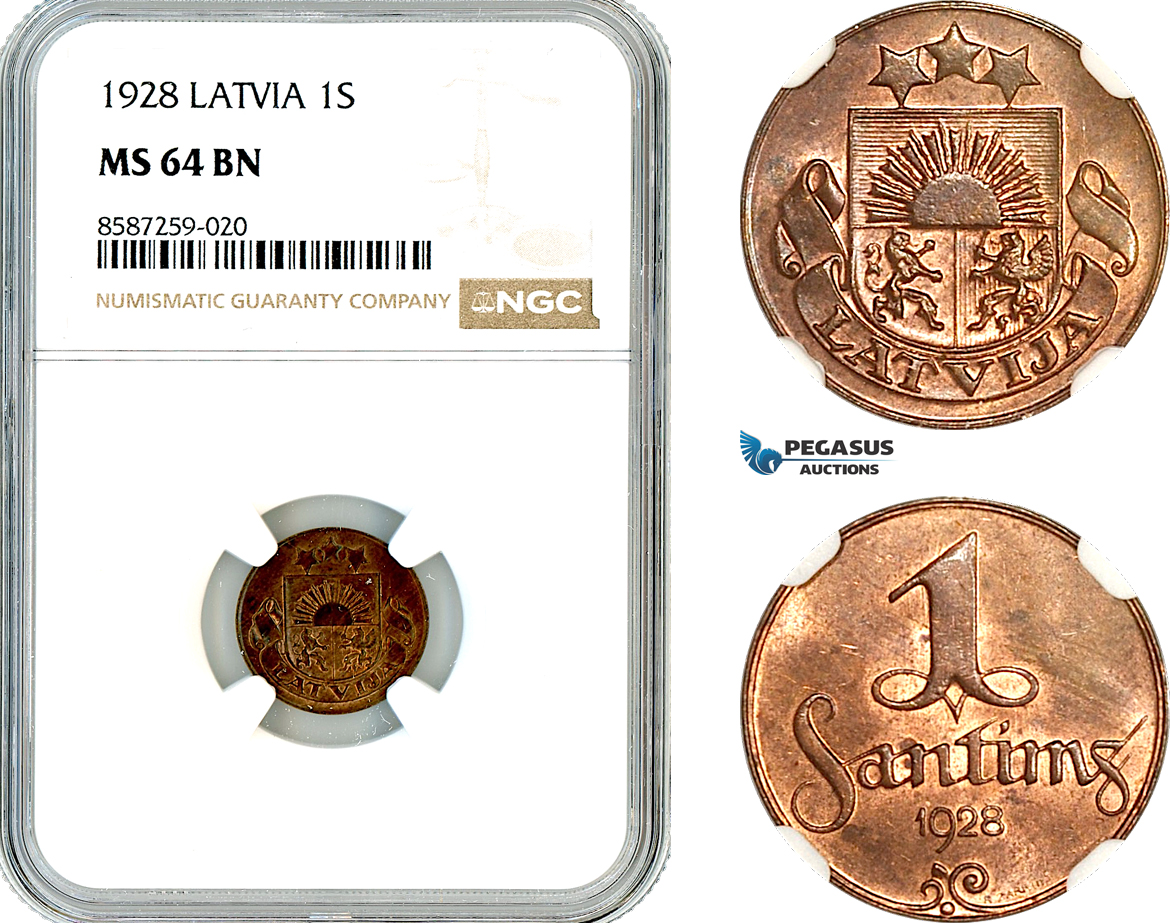 AL497, Latvia, 1 Santims 1928, NGC MS64BN