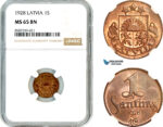 AL498, Latvia, 1 Santims 1928, NGC MS65BN, Top Pop!